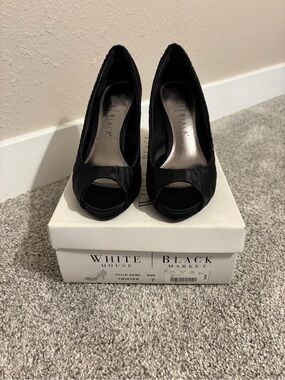 White House Black Market Black Satin Peep-Toe Pumps